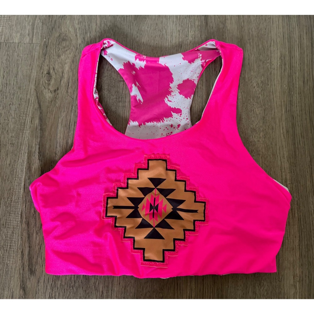 2 Fly Reversible Sports Bra Women's Medium Neon Pink Aztec Western Racerback‎